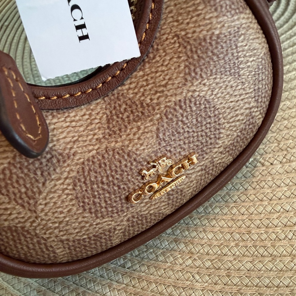 NWT MINI Coach Brown Signature Leather Bag Coin Purse Charm with Key Ring - Picture 3 of 11